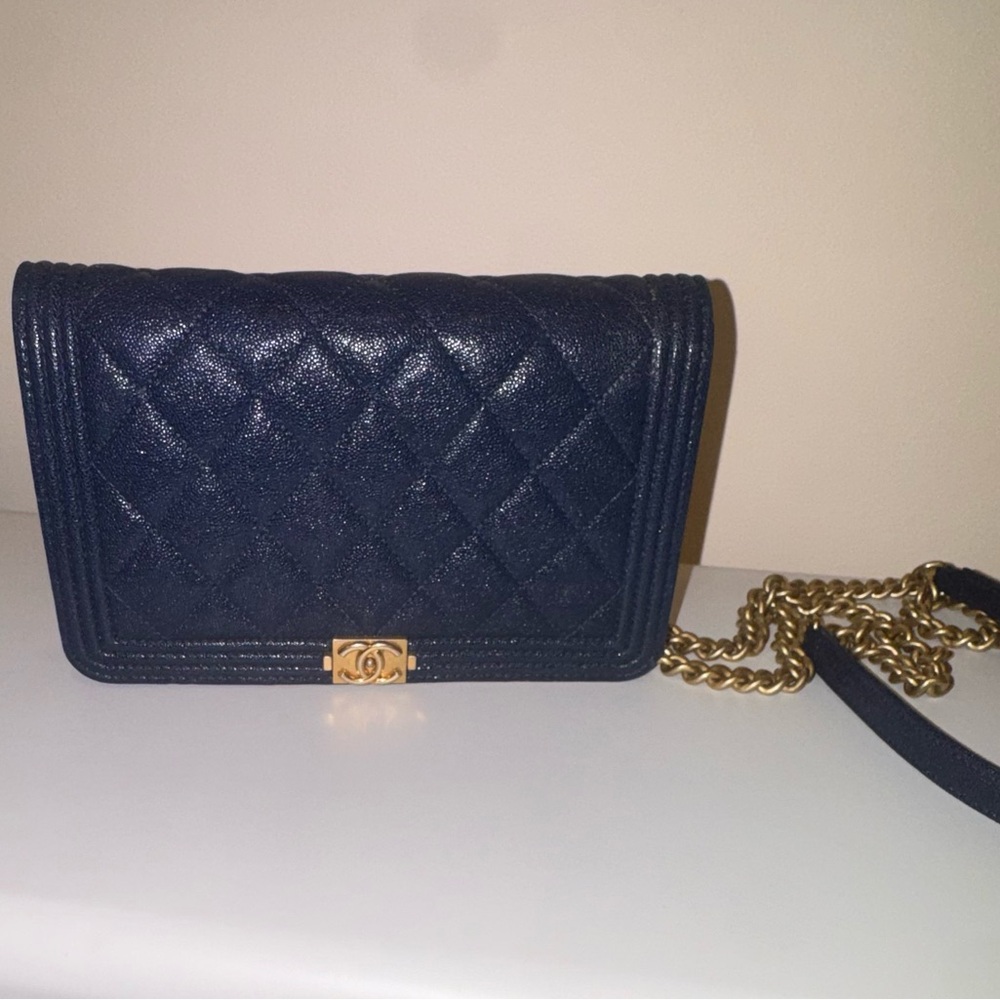 CHANEL Dark Blue Leather Wallet with Gold Accents